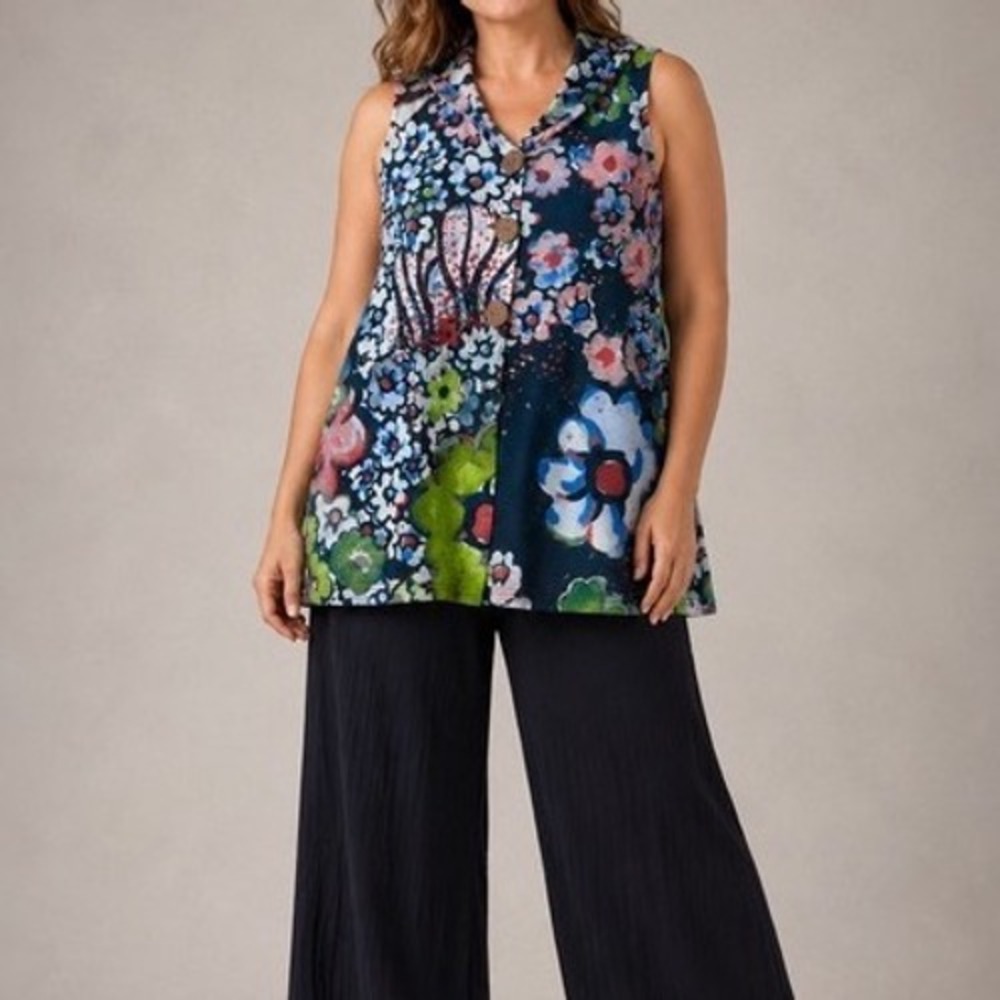 Trisha Tyler Wearable Art Floral Tunic Top Size Large Sleeveless A-Line